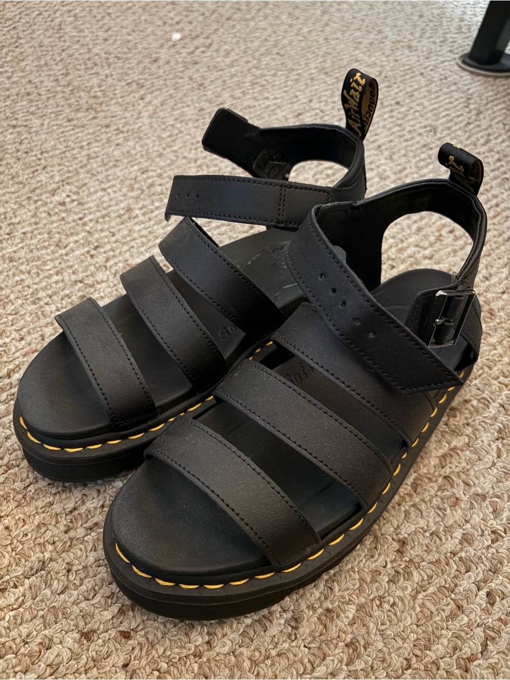 Dr. Martens Black Platform Triple-Strap Sandals with Yellow Stitching